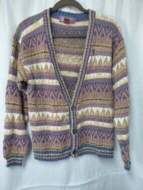 Vintage Concrete Mix Abstract Geometric Cardigan Sweater Ramie Cotton Blend Med